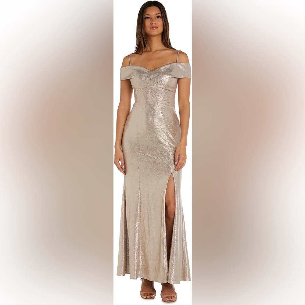 Nightway Cold-Shoulder Foil Gown Champagne/Gold Size 4